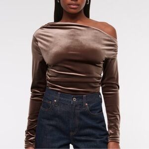 Long-Sleeve Velvet Asymmetrical Draped Top